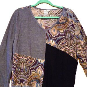 Parsley & Sage Top Blue Black Abstract Color-Block Artsy Knit Casual 2X